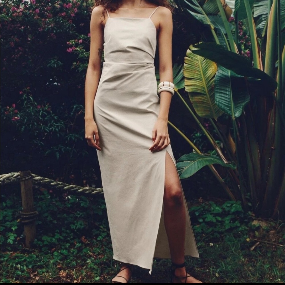 Beige Apron Style Maxi Dress with Side Slit